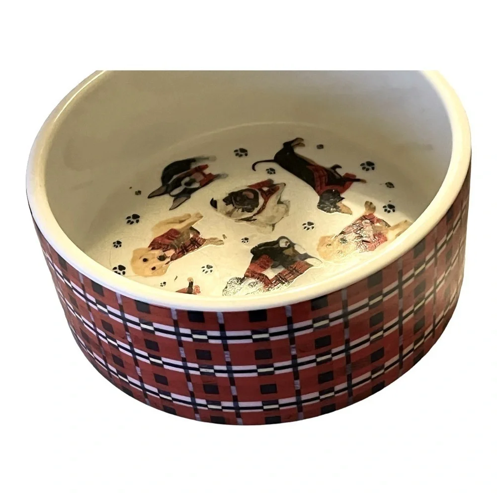 DESIGNER Christmas porcelain dog bowl plaid outside, dogs in scarves inside.